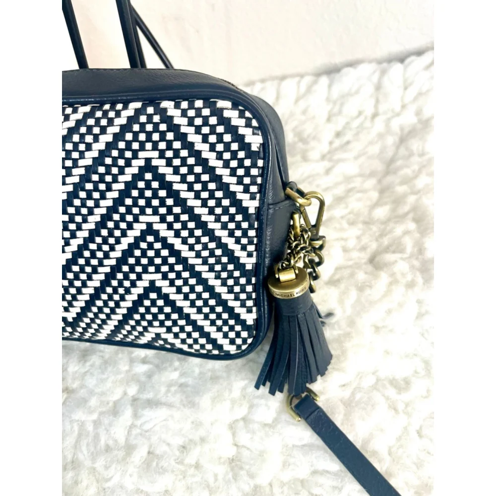 Michael Kors Woven Chevron Leather Camera Bag Navy Blue and Gold hardware